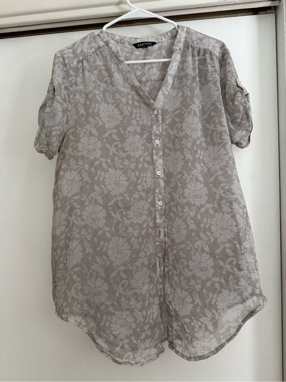 Express Taupe Floral Lace Button-Front Blouse